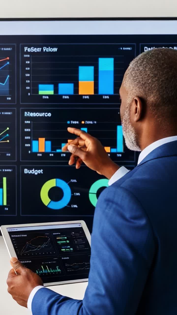 En bedriftsleder analyserer datatrender på et digitalt dashbord mens han bruker et nettbrett for å få innsikt i selskapets resultater og strategier for ressursstyring