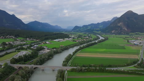 aerial view of a river valley in the austrian alps