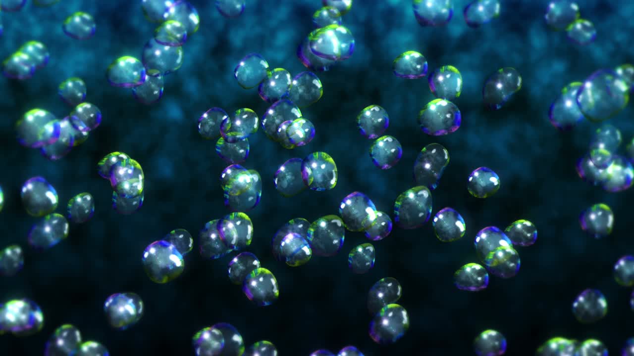 volando muchas gotas de agua en fondo negro. gotas puras. superficie transparente. animación 3d de burbujas de aire girando. animación de bucle.