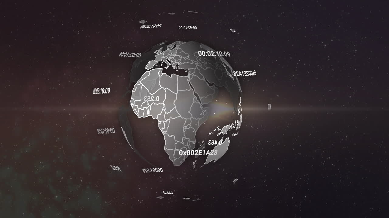 Animation of rotating globe with digital codes and numbers in space background