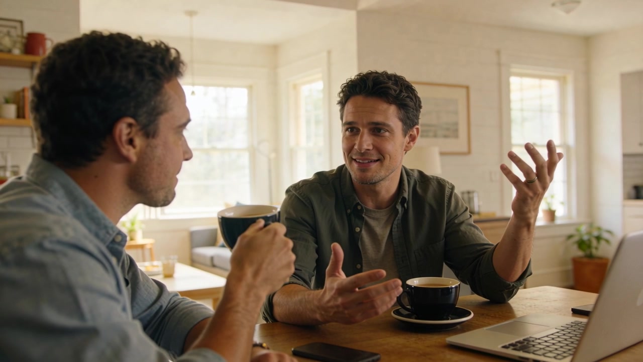 Smiling right man starting chat at home, gesturing, explaining; left man sipping coffee with laptop