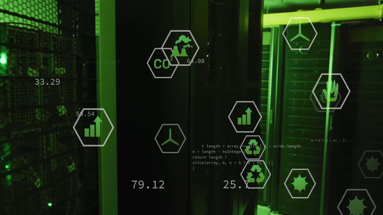 animación de múltiples iconos digitales y procesamiento de datos contra la sala de servidores de computadoras.