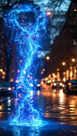 dramatic blue lightning storm in urban street at night