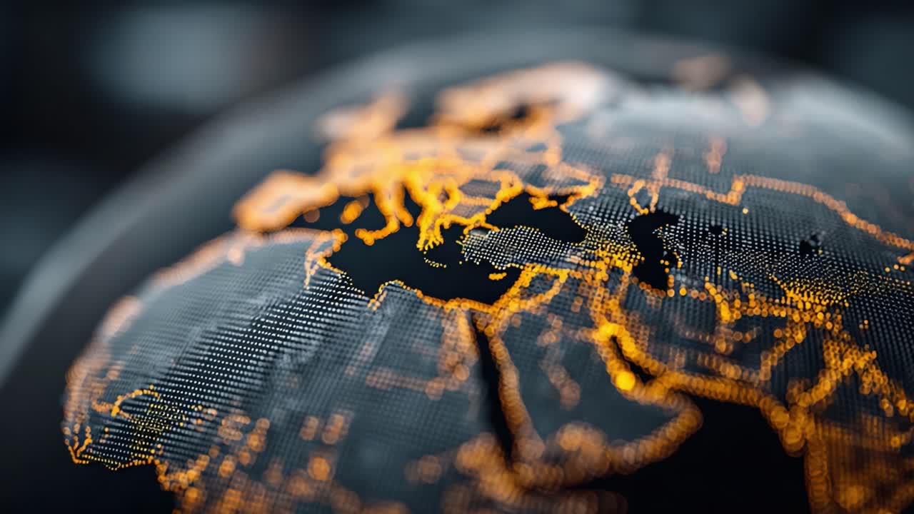 Detailed Digital Visualization of the Earth's Surface Highlighting Geographic Features Through Vivid Gradients and Points of Light on a Dark Background