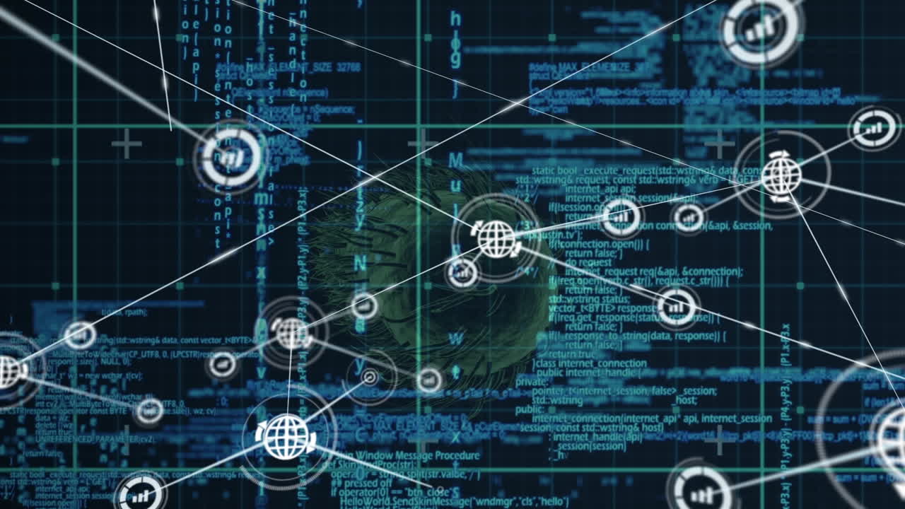 red de iconos digitales y procesamiento de datos sobre la célula de covid-19 en fondo azul