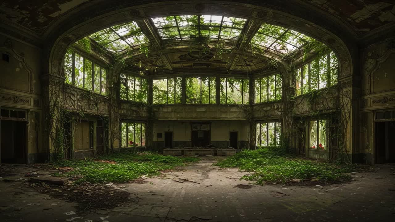An Enchanting Abandoned Hall Overrun by Nature: A Panoramic View of Decay and Overgrowth in a Former Magnificent Venue with Verdant Intrusion