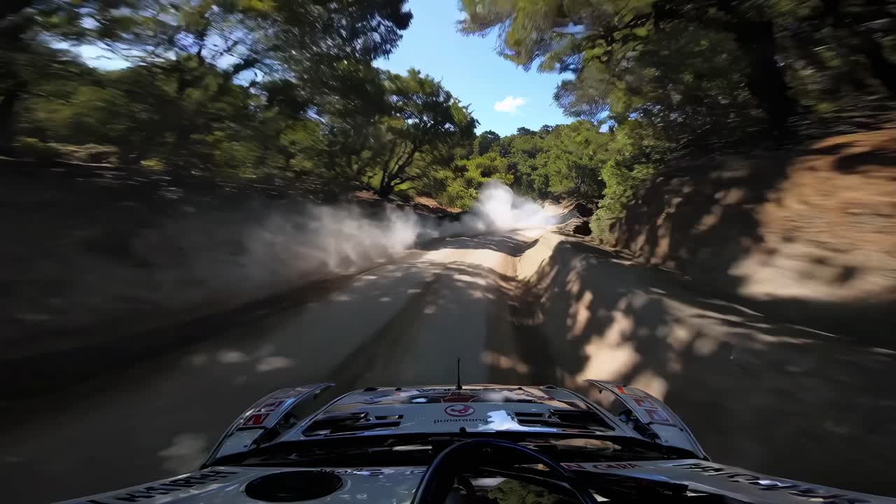 Dynamic POV video of a rally car speeding through a forest trail, capturing motion blur and dust