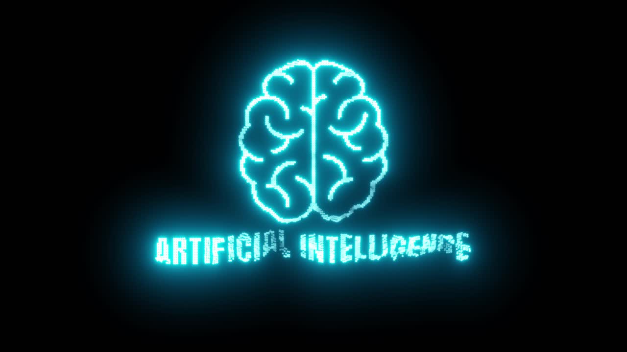 Futuristic holographic brain with glowing cyan light, displaying artificial intelligence and digital data visualization in a virtual technology environment.