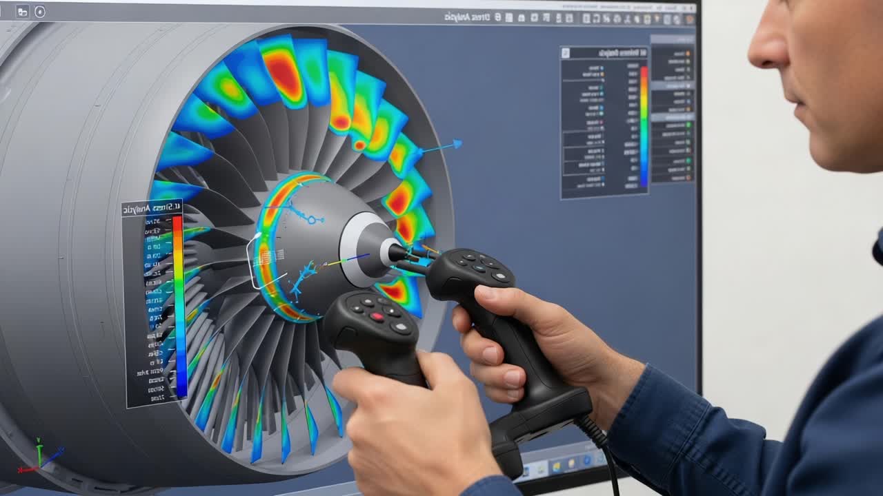 A technician analyzes the performance of a jet engine using advanced software and simulation controls, focusing on airflow visualization and efficiency optimization