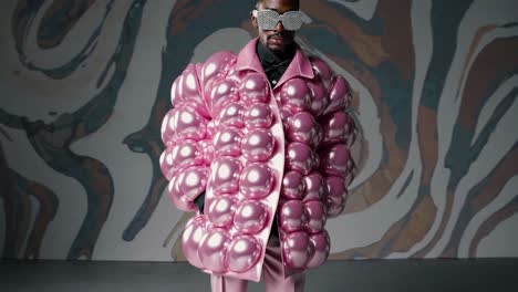modelo masculino profesional mostrando una chaqueta inflable rosa única y voluminosa y pantalones a juego, posando contra un telón de fondo elegante en un entorno de sesión de fotos