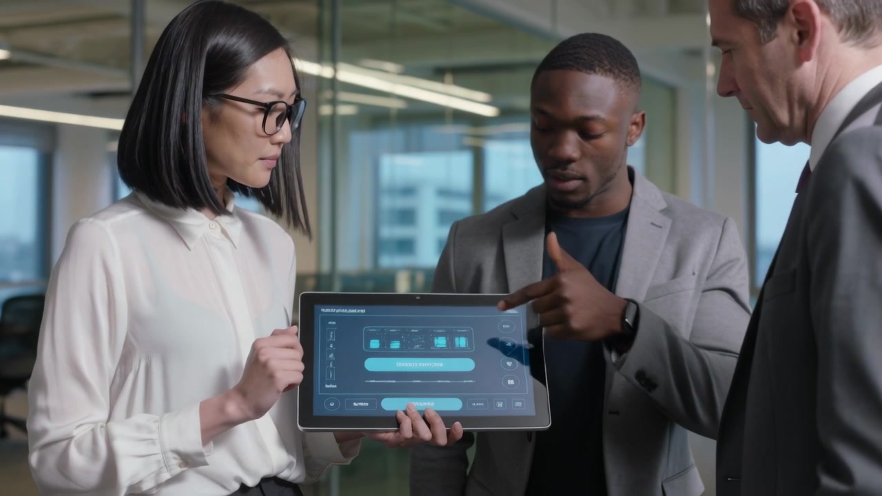 Tapping woman presenter in white blouse leading tablet demo, colleagues in formal wear pointing