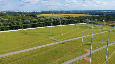 high voltage construction lines aerial view. big electric distribution industry.