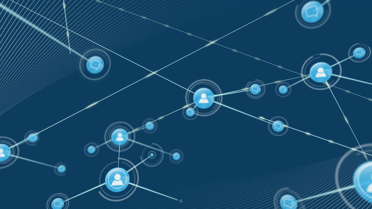 animación de los iconos de la red de personas y transferencia de datos en fondo azul