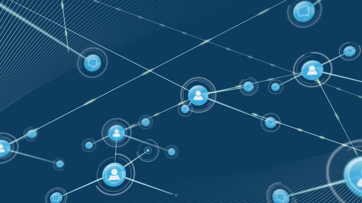 Animation of network of people icons and transferring data on blue background