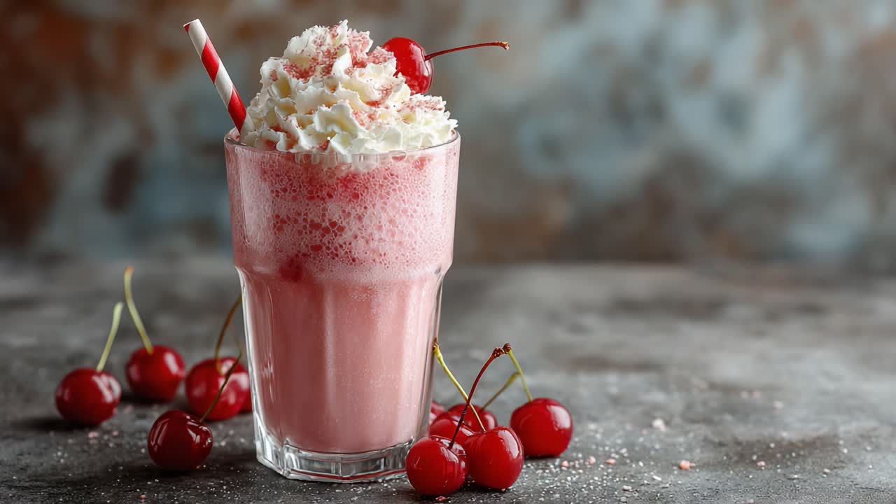 Indulge in a Refreshing Cherry Milkshake topped with Whipped Cream, Garnished with Maraschino Cherries and Striped Straw for a Sweet Treat Experience
