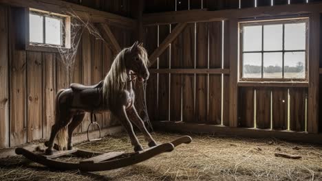 a nostalgic journey through time: exploring the abandoned barn featuring an old rocking horse surrounded by dust and cobwebs, evoking childhood memories