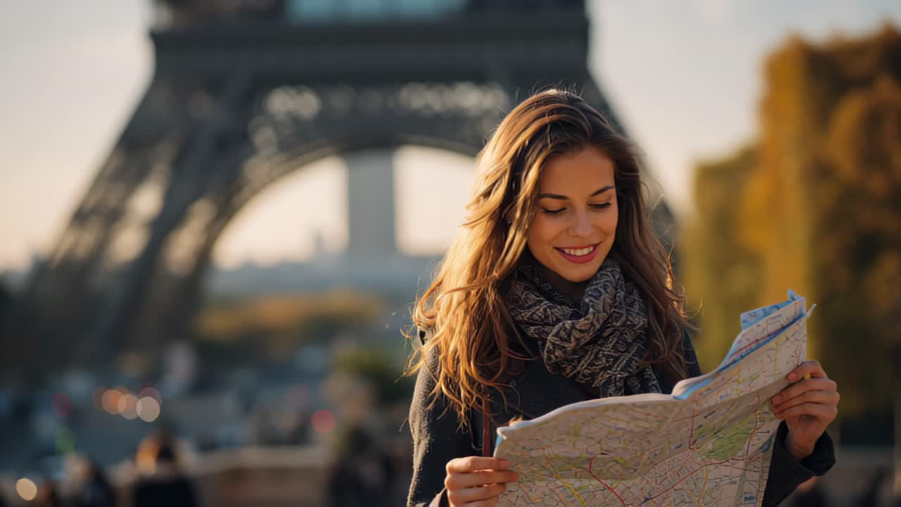 Riprese di viaggio di una giovane donna sorridente che tiene una mappa cartacea all'aperto con la Torre Eiffel sfocata sullo sfondo, calda luce dell'ora d'oro, concetto di turismo e navigazione.