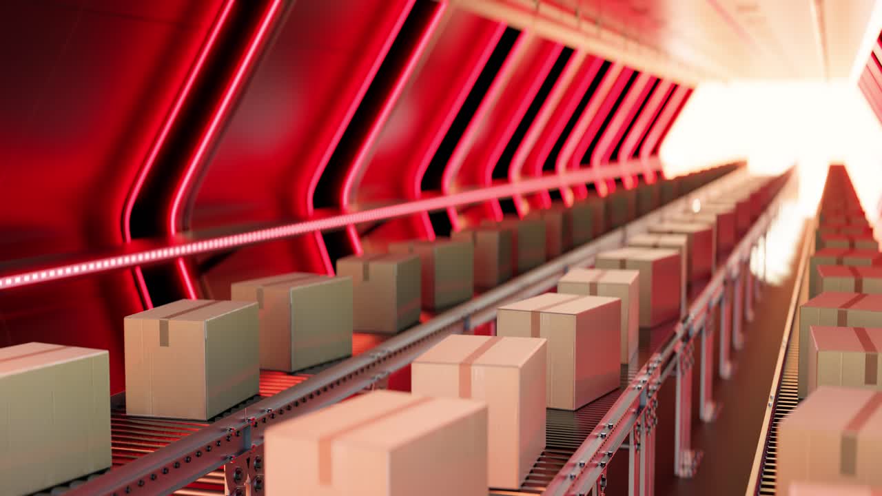 3D animation loop of carton boxes on conveyor system in modern factory