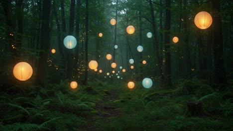 a dreamlike forest illuminated by hanging lanterns: discover the enchantment of nature's glow in a mystical woodland setting