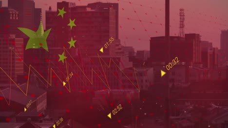 animation of flag of china and data processing over cityscape