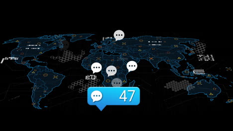 animation of digital data processing and world map over black background