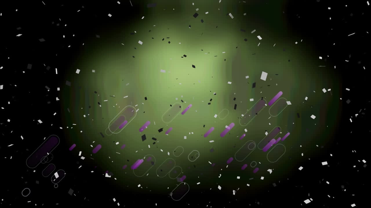 animación de senderos púrpuras y confeti cayendo sobre un fondo oscuro
