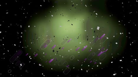 animación de senderos púrpuras y confeti cayendo sobre un fondo oscuro