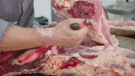 a butcher cutting beef with a butcher's knife and meat hook