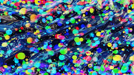 abstract looped background of shiny glossy surface like wavy transparent liquid with rainbow color circles float like drops of paint in oil. Beautiful creative background with color gradient in 4k. 3d