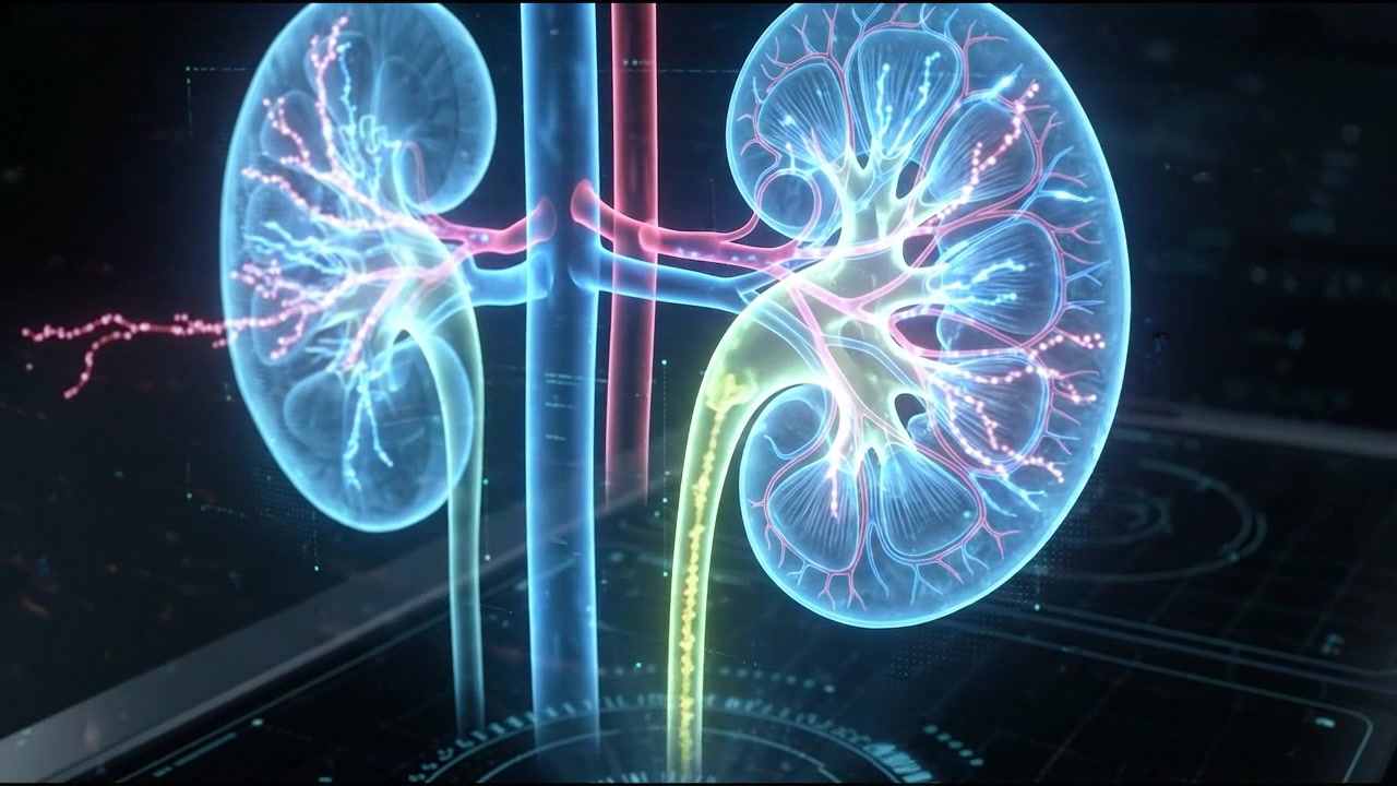 Glowing blue pair of 3D human kidneys render in dark room