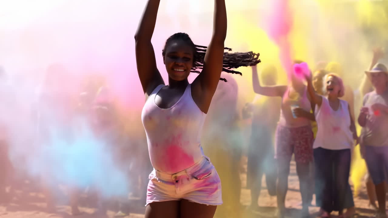 Donna felice che balla a un vivace festival dei colori Holi.