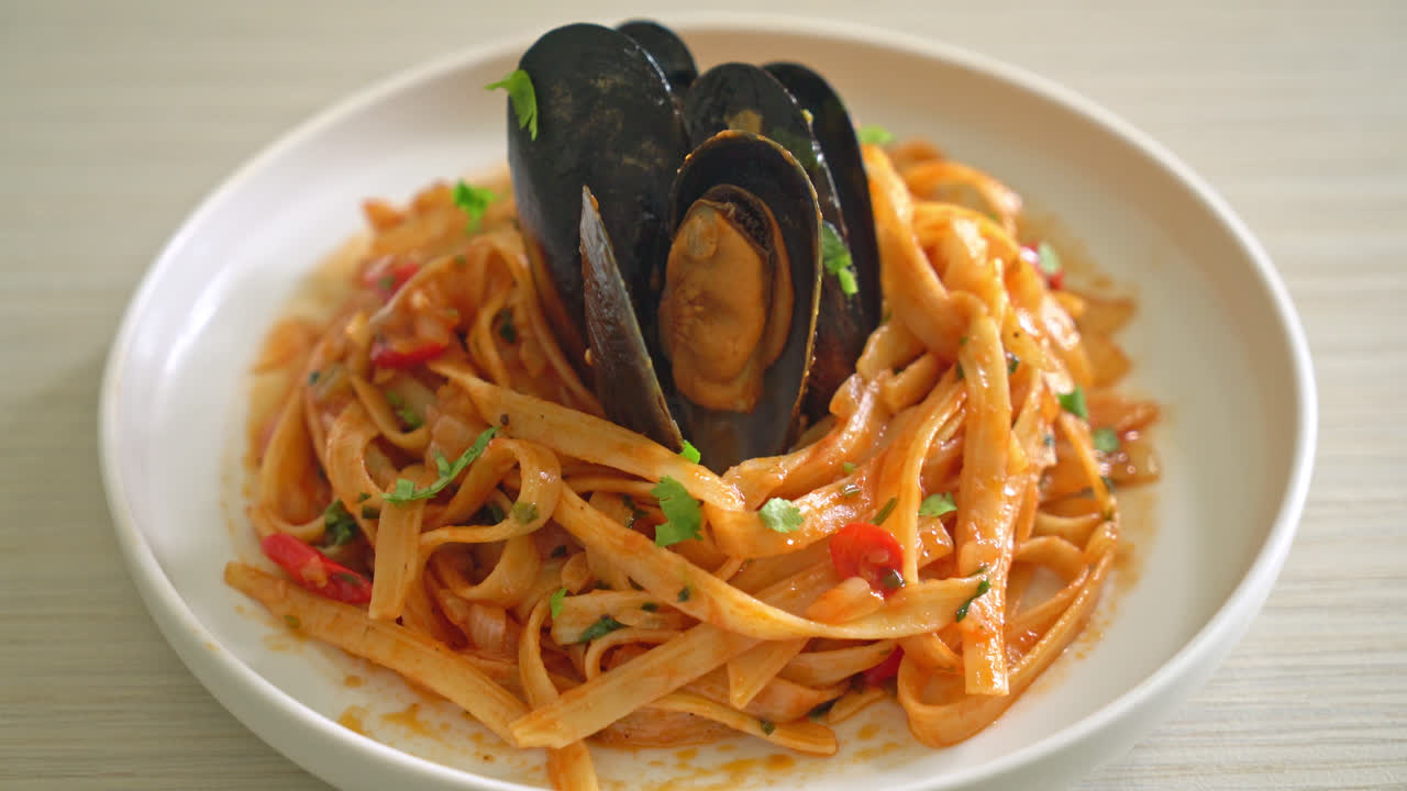 홍합 또는 조개와 토마토 소스를 곁들인 스파게티 파스타 - 이탈리아 음식 스타일