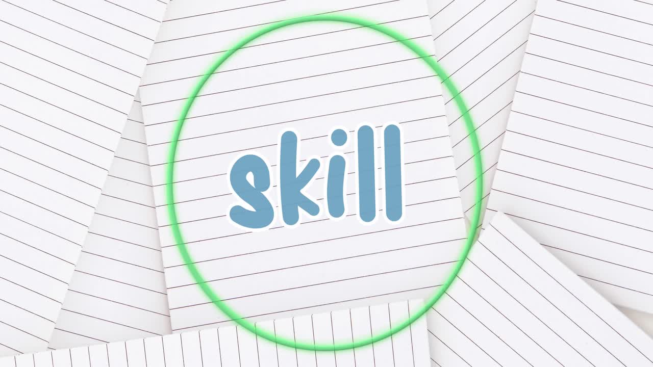 Animation of skill text over neon green circular banner against white lined papers in background