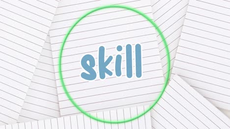 animation of skill text over neon green circular banner against white lined papers in background