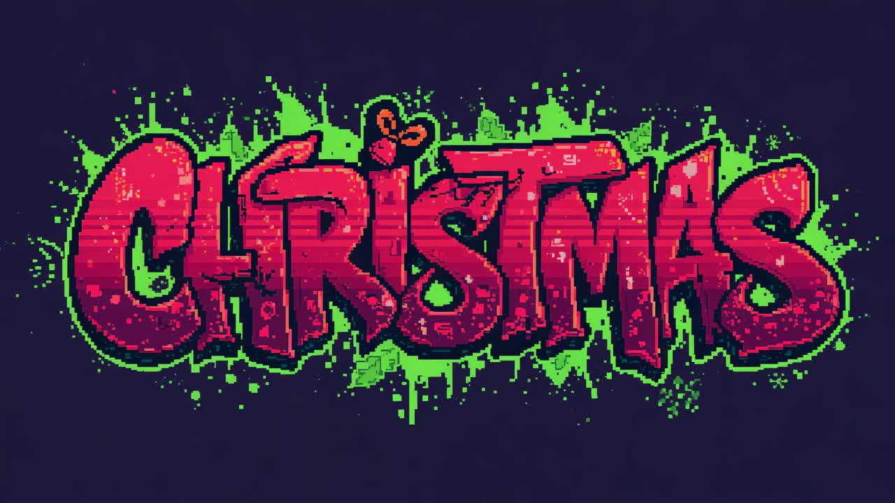 Transforming CHRISTMAS as green overlay slides down over dark navy to reveal neon drips and holly