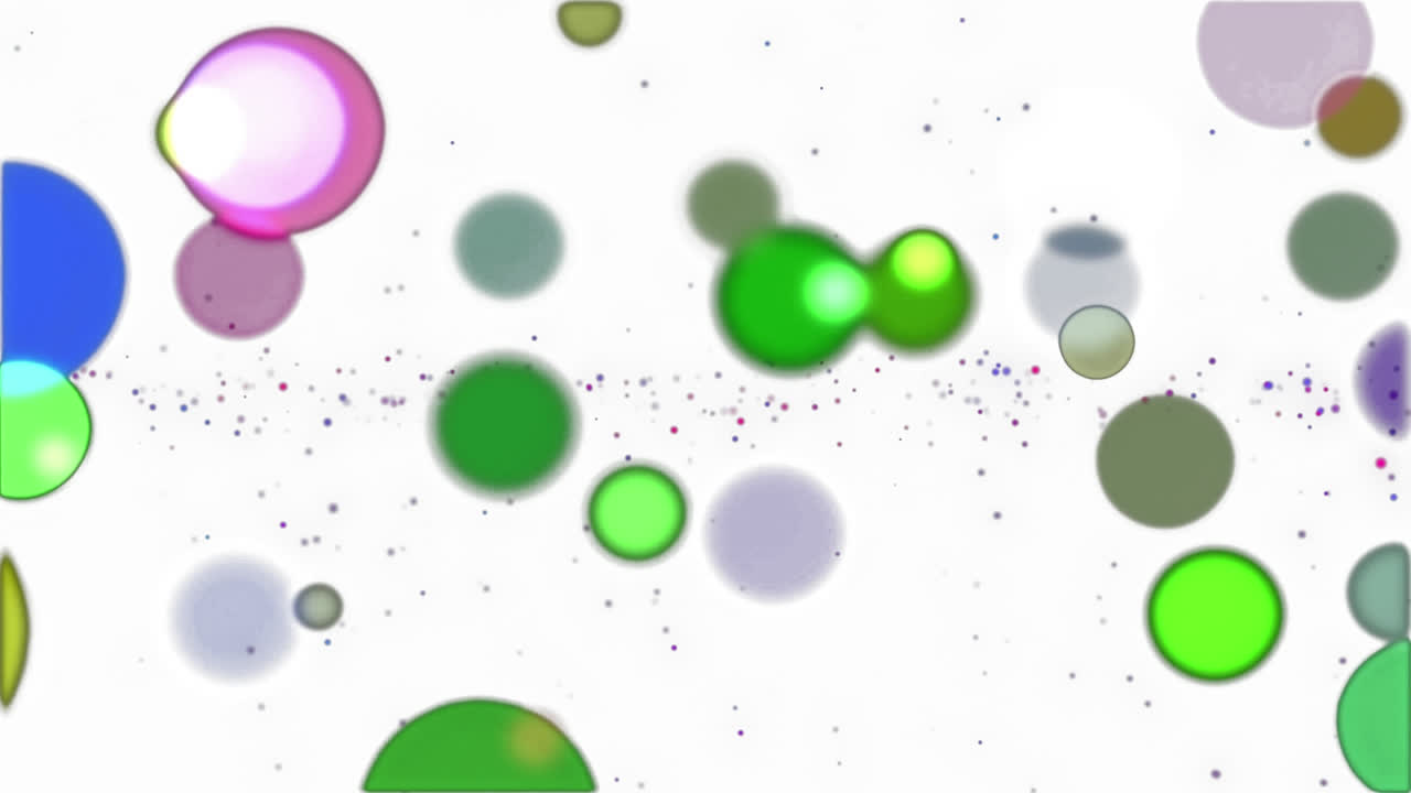 Animation of colourful bokeh circles of light and particles floating on white background