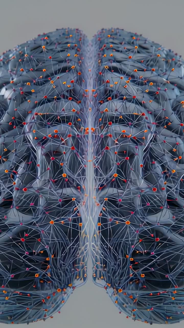 Vertical video: Camera zooming inward on brain model on gray backdrop showing pulsing nodes midline
