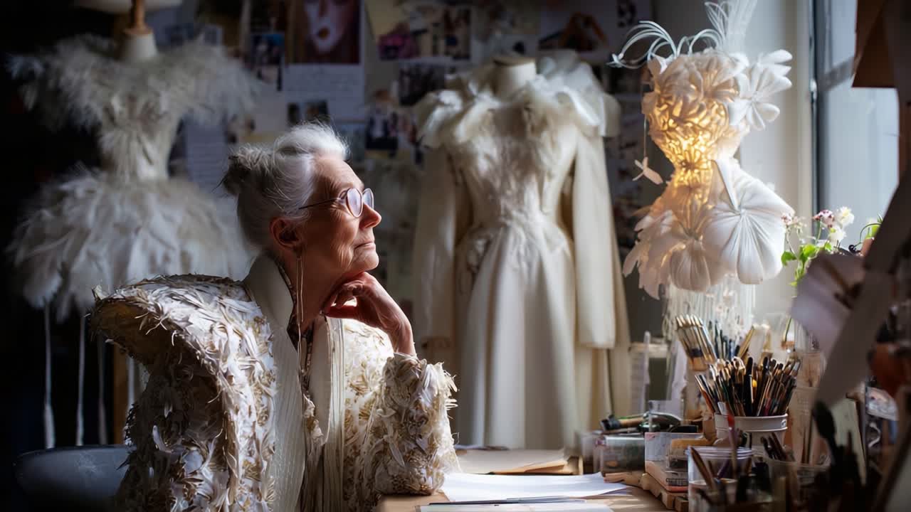 A Thoughtful Designer Reflects on Her Creative Journey Surrounded by Stunning Fashion Creations and Inspiration in a Cozy Atelier Setting
