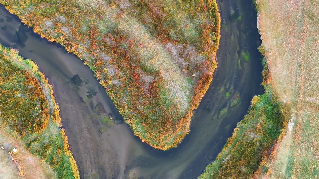 Top down drone shot tracking along a winding river bend through green alpine meadow near Mammoth Lakes California. Clear water channels and colorful riparian bank edges create a graphic abstract look