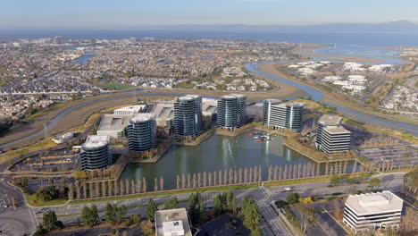 Oracle business office complex and the San Francisco Bay Area - aerial parallax
