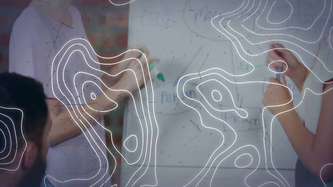 animación de líneas blancas y moléculas sobre la gente de studding