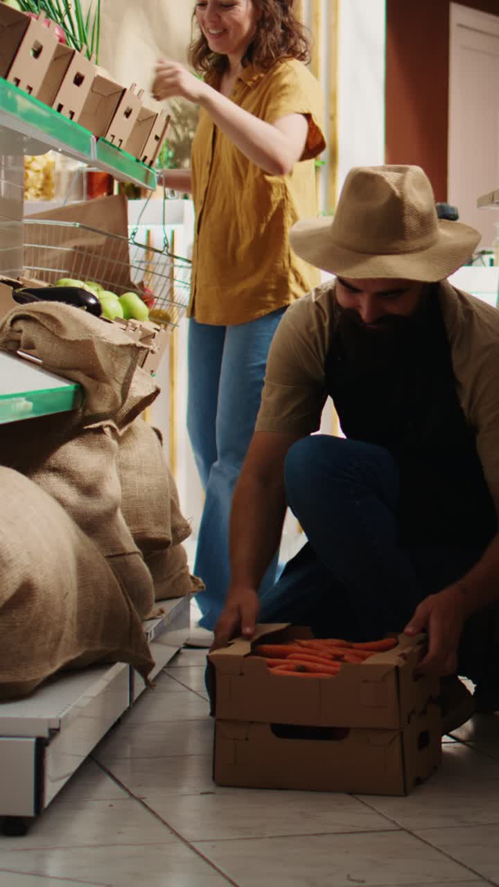 Vertical video Vendor restocks shop with organic food