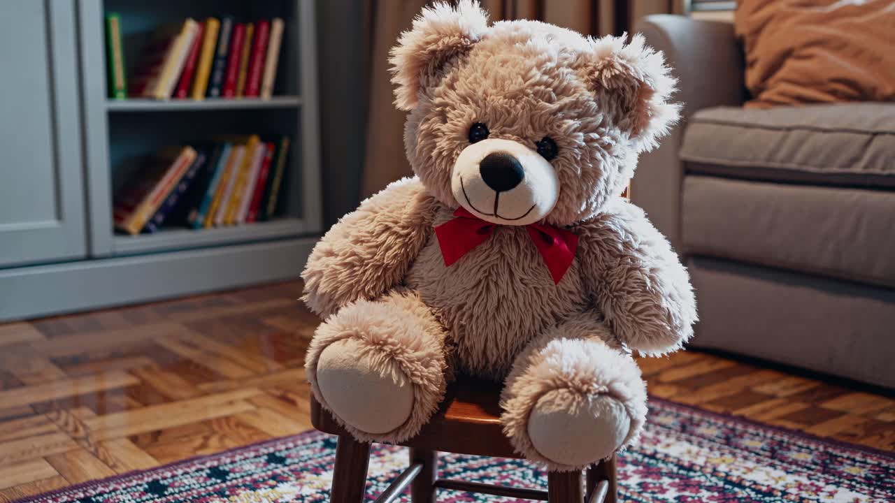 A cozy, homey video scene with a plush teddy bear on a small wooden chair