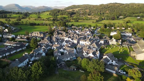 hawkshead village lake district cumbria uk aerial footage 4k sunset