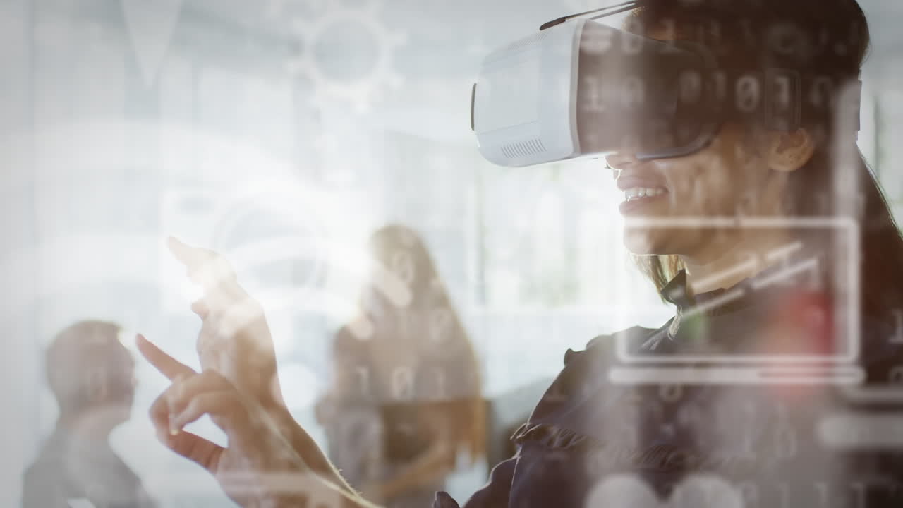 Multiple digital icons and binary coding against businesswoman wearing vr headset at office
