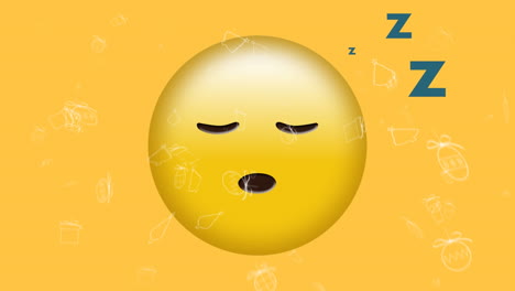 animación de iconos blancos de navidad cayendo sobre un emoji durmiendo sobre un fondo amarillo