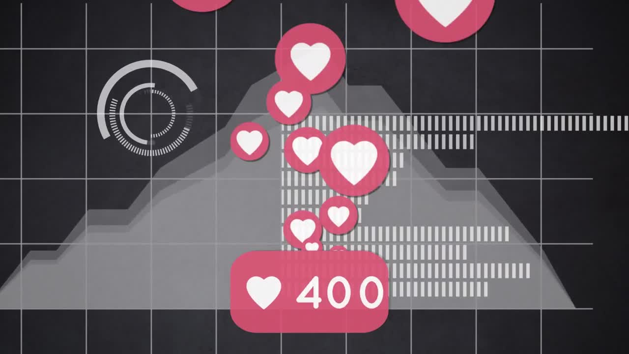 animación de iconos y números de redes sociales sobre estadísticas y procesamiento de datos