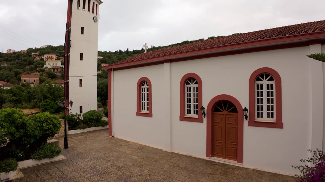 Amazing small church in Ithaca, Greece on an overcast day Kioni village.