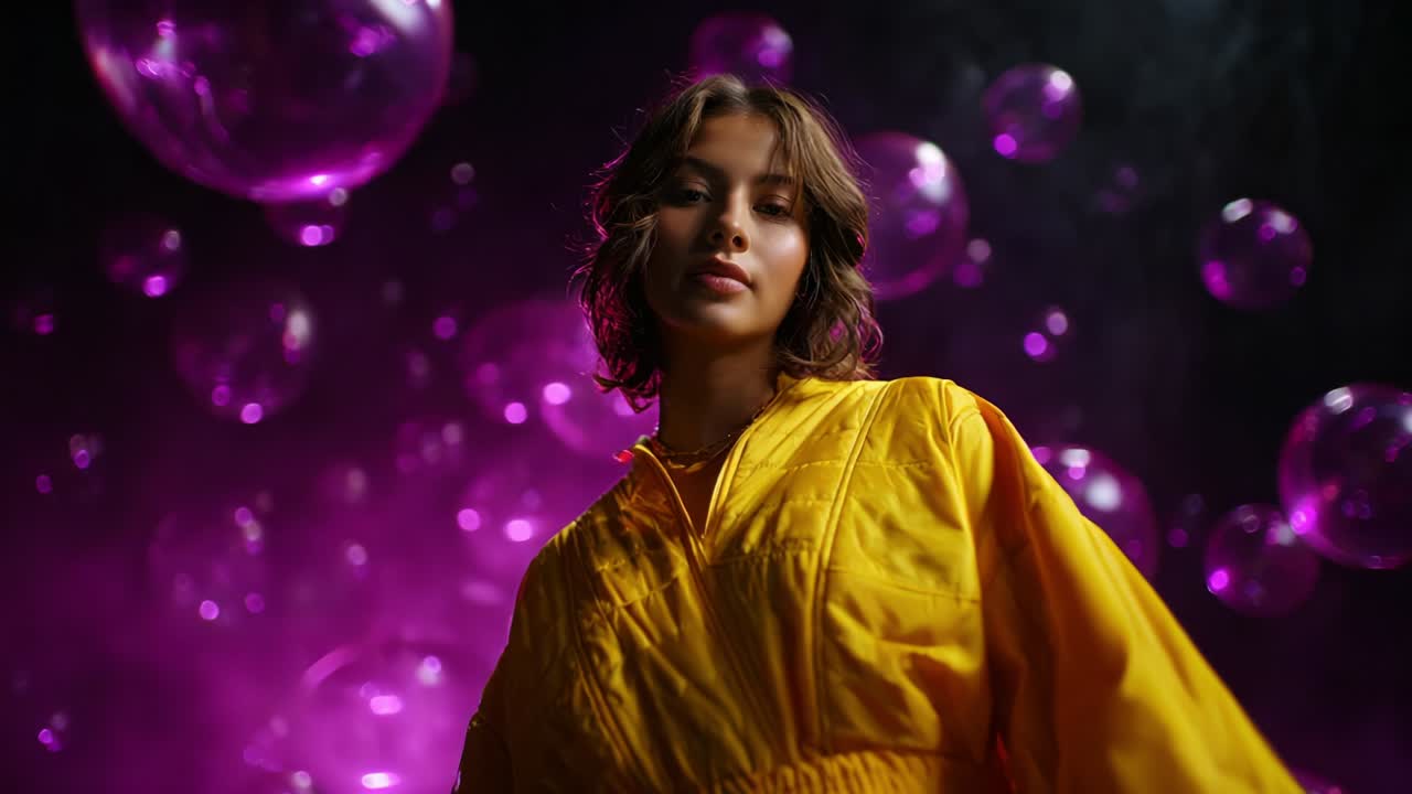 A captivating visual of a young woman in a vibrant yellow jacket standing amidst a whimsical background of purple bubbles, showcasing a sense of tranquility, confidence, and artistic expression in a dreamlike atmosphere