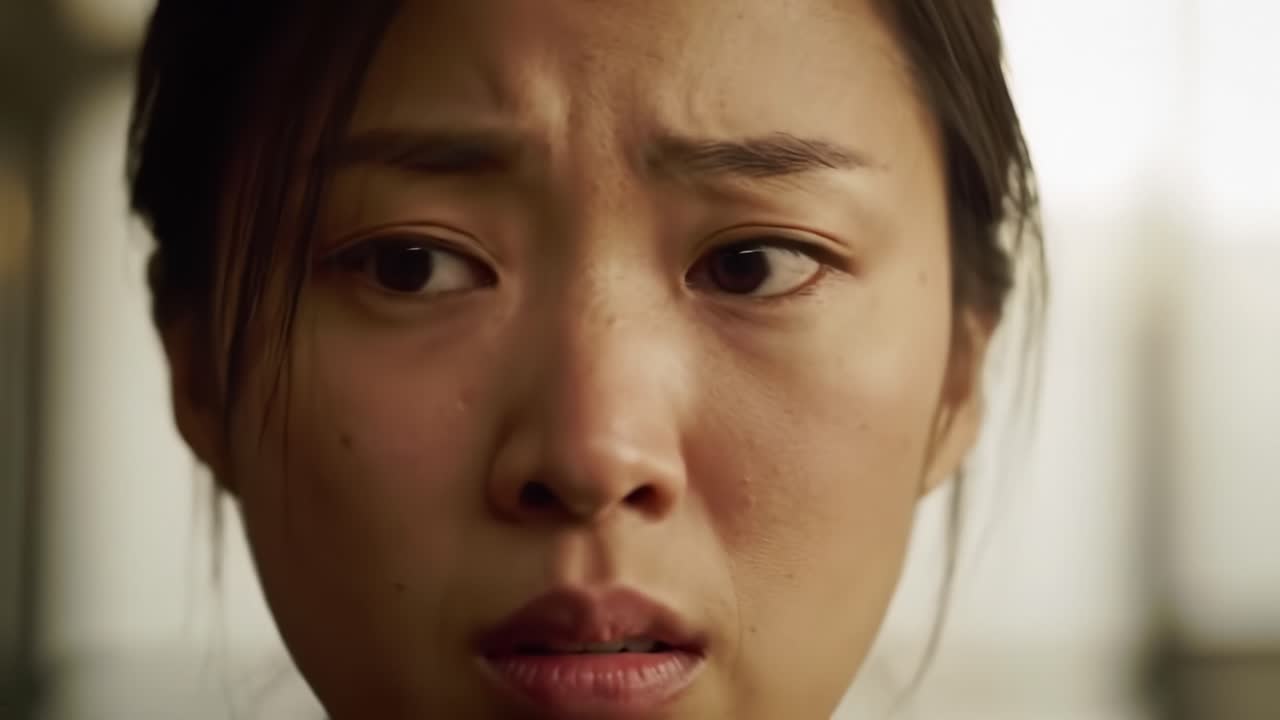 A woman expresses deep emotions on her face as she reflects on her life during a quiet moment. The light creates a somber atmosphere that enhances her contemplative mood.